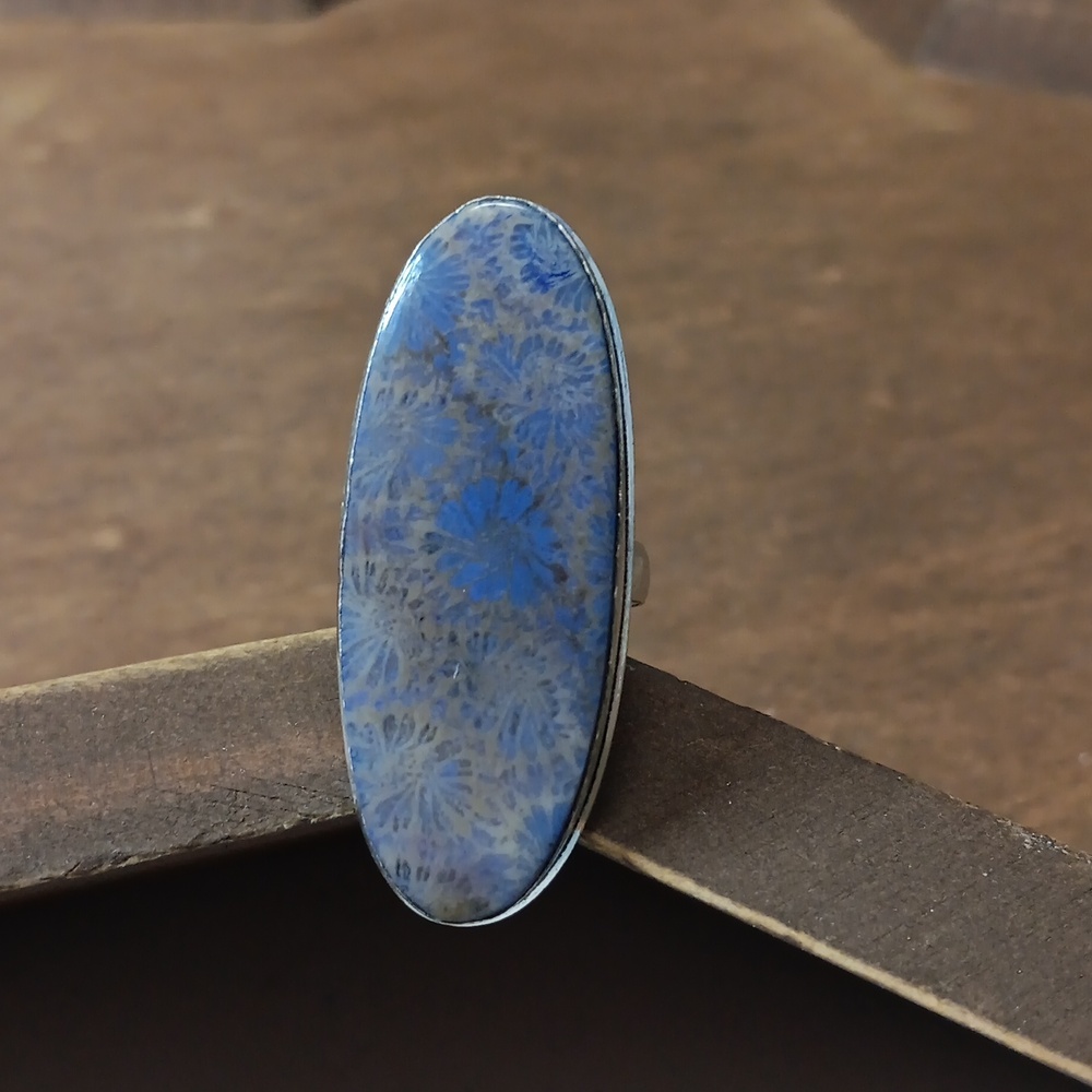 Hand Crafted Blue and Gray Oval Floral Pattern Stone Ring